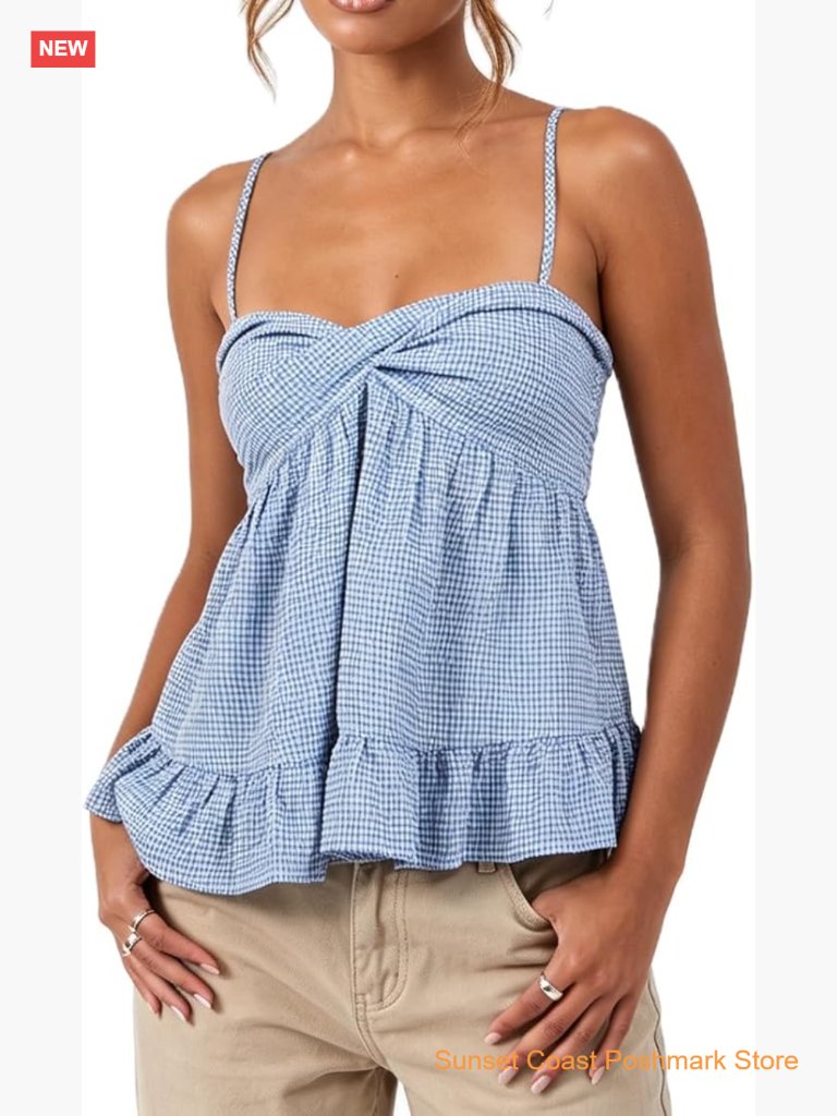 Y2k Plaid Babydoll Tank Top Square Neck Ruffle Camisole Flowy Hem Peplum Shirt